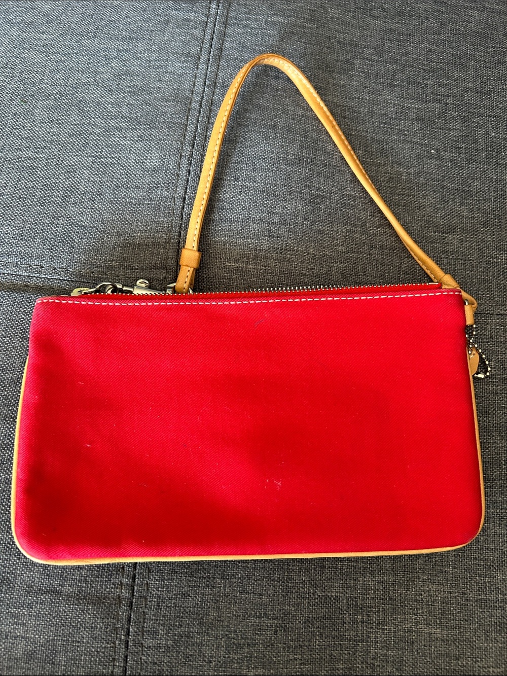 Coach Red Canvas Wristlet with Tan Leather Trim and Buckle - Picture 2 of 8